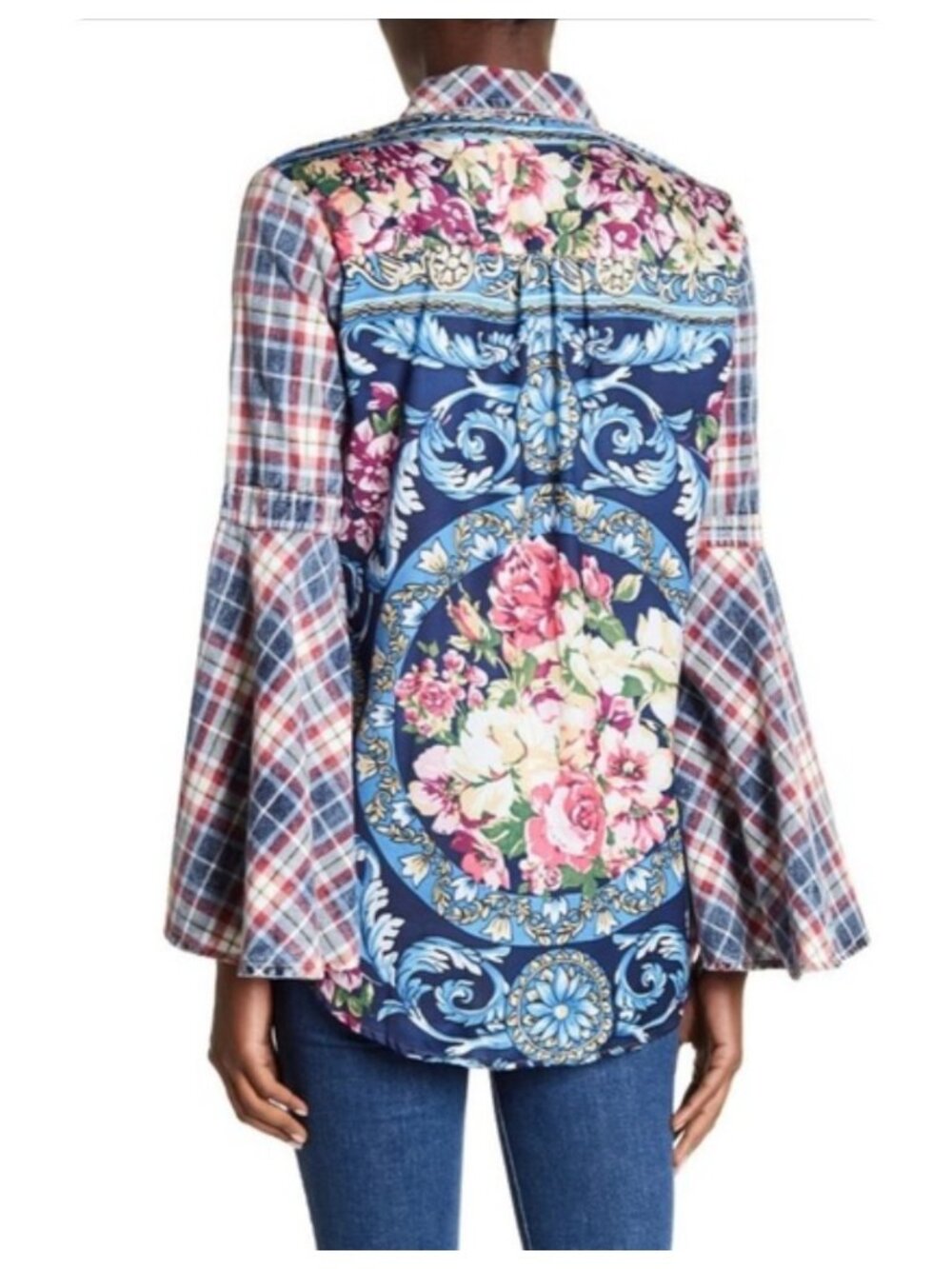 Aratta Silent Journey Button Up Long Bell Sleeve Floral Plaid Top sz L - Picture 2 of 10